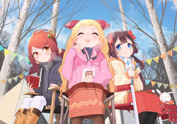  3girls :o anchor_symbol animal_ears antenna_hair azur_lane black_legwear blanket blonde_hair blue_eyes blue_sweater book boots camping camping_chair carrot commission cross-laced_footwear crown crown_hair_ornament day eating food forest full_body grey_jacket grey_sweater hair_ribbon highres holding holding_carrot holding_food holding_vegetable jacket jenkins_(azur_lane) jersey_(azur_lane) kiyonami_(azur_lane) knee_boots knife lace-up_boots long_hair looking_at_another low_twintails marshmallow mini_crown multiple_girls nature open_mouth outdoors pennant pink_jacket pink_ribbon plaid plaid_scarf potato purple_hair rabbit rabbit_ears rabbit_girl reading red_hair red_ribbon ribbon scarf sitting skeb_commission sky smile stuffed_animal stuffed_rabbit stuffed_toy sweater tent tree twintails vegetable wavy_hair winter winter_clothes yellow_eyes yellow_jacket yohia zipper 