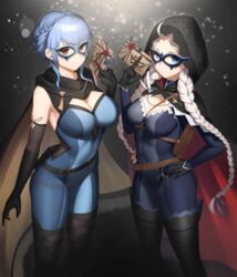  2girls absurdres ahoge alternate_costume black_cape black_footwear black_gloves blue_bodysuit blue_eyes blue_hair bodysuit boots braid breasts calling_card cape capelet cleavage commission commissioner_upload cosplay crystal_earrings dhokidoki earrings eye_mask fire_emblem fire_emblem:_three_houses fire_emblem_fates fire_emblem_heroes gloves grey_eyes harness highres hood hood_up hooded_cape jewelry kagero_(fire_emblem) kagero_(fire_emblem)_(cosplay) kagero_(thief)_(fire_emblem) large_breasts leather long_hair low_twin_braids marianne_von_edmund medium_breasts multiple_girls nina_(fire_emblem) nina_(thief)_(fire_emblem) non-web_source o-ring o-ring_harness official_alternate_costume parted_bangs red_capelet simple_background skin_tight thigh_boots turtleneck twin_braids two-tone_bodysuit two-tone_cape white_hair yellow_cape 