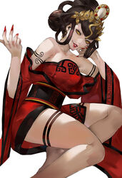  bare_shoulders black_hair blazpu breasts chinese_clothes crossed_legs detached_sleeves dress earrings female fingernails hair_ornament highres jewelry large_breasts long_hair long_sleeves looking_at_viewer nuwa_(megami_tensei) red_dress sash shin_megami_tensei shin_megami_tensei_v simple_background solo thighs yellow_eyes 