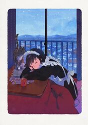  apron black_hair book coffee_mug cup curtains eraser feline female head_rest kotatsu maeya_susumu maid maid_apron maid_headdress mug open_book original parted_lips sleeping snow solo table window winter 