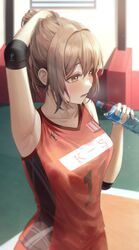  absurdres arm_up armpits bare_shoulders bottle brown_eyes brown_hair elbow_pads female highres holding holding_own_hair jersey kongsi original red_shirt shirt sleeveless sportswear sweat volleyball_uniform water_bottle 