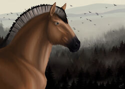  alexandradane amber_eyes ambiguous_gender arvakr draft_horse equid equine feral fjord_horse fog forest forest_background horse male_(lore) mammal nature nature_background plant solo tree 