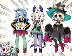  5girls :3 animal_ear_fluff animal_ears black_cat black_dress black_footwear black_gloves blonde_hair blue_hair bow chibi cosplay crown dragon_tail dress elbow_gloves elira_pendora enna_alouette feline finana_ryugu finana_ryugu_(1st_costume) fins flower fox_ears fox_girl fusion gloves green_hair green_legwear green_skirt grey_hair hair_flower hair_ornament hair_over_one_eye halterneck hands_on_own_hips hat hat_bow head_fins head_wings high-waist_skirt long_hair lucie_(millie_parfait) millie_parfait multiple_girls nijisanji nijisanji_en nina_kosaka oerba_yun_fang one_eye_covered open_mouth orange_bow pants pantyhose petra_gurin petra_gurin_(cosplay) pink_footwear pomu_rainpuff pomu_rainpuff_(cosplay) purple_flower purple_pants red_eyes red_flower red_rose red_skirt reimu_endou reimu_endou_(cosplay) rose rosemi_lovelock rosemi_lovelock_(cosplay) selen_tatsuki selen_tatsuki_(cosplay) shoes skin_fang skirt sleeves_past_fingers sleeves_past_wrists smile sneakers sumiya_nadateru tail two-tone_hoodie v-shaped_eyebrows very_long_hair virtual_youtuber white_flower wings witch_hat 