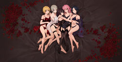  barefoot black_eyes blonde_hair blue_eyes blush flowers garter_belt gray_hair green_eyes group hayami_kanade hug ichinose_shiki idolmaster idolmaster_cinderella_girls jougasaki_mika long_hair miyamoto_frederica mossi open_shirt panties pink_hair purple_eyes purple_hair rose shiomi_shuuko short_hair stockings underwear 