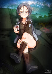  aquaegg black_necktie black_skirt blue_eyes blue_hair blush breasts cleavage emblem eyebrows_visible_through_hair female girls_und_panzer glasses ground_vehicle highres keizoku_military_uniform military military_uniform military_vehicle miniskirt motor_vehicle necktie open_mouth outdoors pravda_(emblem) rumi_(girls_und_panzer) selection_university_(emblem) selection_university_military_uniform shiny shiny_hair shiny_skin short_hair skirt sky small_breasts smile solo star_(sky) starry_sky t-34 tank uniform 