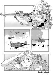  aircraft bolt_action breasts cloud drop_tank f6f_hellcat female firing greyscale gun highres intrepid_(kancolle) jura_cambri kantai_collection large_breasts m1903_springfield machinery monochrome neckerchief radar rifle rigging roundel shading_eyes turret weapon 