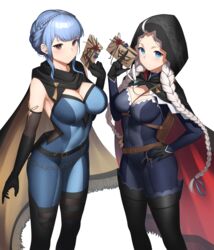  2girls absurdres ahoge alternate_costume black_cape black_footwear black_gloves blue_bodysuit blue_eyes blue_hair bodysuit boots braid breasts calling_card cape capelet cleavage commission commissioner_upload cosplay crystal_earrings dhokidoki earrings eye_mask fire_emblem fire_emblem:_three_houses fire_emblem_fates fire_emblem_heroes gloves grey_eyes harness highres hood hood_up hooded_cape jewelry kagero_(fire_emblem) kagero_(fire_emblem)_(cosplay) kagero_(thief)_(fire_emblem) large_breasts leather long_hair low_twin_braids marianne_von_edmund medium_breasts multiple_girls nina_(fire_emblem) nina_(thief)_(fire_emblem) non-web_source o-ring o-ring_harness official_alternate_costume parted_bangs red_capelet skin_tight thigh_boots transparent_background turtleneck twin_braids two-tone_bodysuit two-tone_cape white_hair yellow_cape 