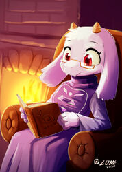  2020 anthro armchair artist_name book boss_monster_(undertale) bovid caprine chair chairiel clothing dated digital_media_(artwork) dress eyewear female fire fireplace furniture glasses hi_res horn inside lunesnowtail mammal purple_clothing purple_dress red_eyes shaded sitting solo toriel undertale undertale_(series) 