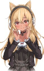  absent absurdres animal_ears black_choker blonde_hair blush bow bowtie brown_bow brown_bowtie brown_jacket choker commentary dark-skinned_female dark_skin dress female grey_dress hair_between_eyes hands_up headphones high_ponytail highres hololive implied_extra_ears jacket kemonomimi_mode long_hair long_sleeves multicolored_hair official_alternate_costume parted_lips red_eyes sailor_collar shiranui_flare shiranui_flare_(street) solo streaked_hair striped_clothes striped_dress vertical-striped_clothes vertical-striped_dress virtual_youtuber white_sailor_collar 