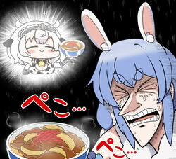  &gt;_&lt; 2girls animal_ears animal_print bell bikini blue_hair bowl braid breasts cleavage closed_eyes commentary_request cow_ears cow_horns cow_print cow_print_bikini cowbell crying food fukumoto_nobuyuki_(style) grey_hair holding holding_bowl hololive horns kaiji large_breasts matarou_(matarou072) multicolored_hair multiple_girls open_mouth parody print_bikini rabbit_ears rabbit_girl shirogane_noel style_parody sweat swimsuit tears thick_eyebrows translation_request twin_braids two-tone_hair usada_pekora virtual_youtuber white_hair 