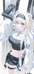  animal_ears arknights aurora_(arknights) aurora_(elite_ii)_(arknights) bad_id bad_pixiv_id bear_ears belt black_gloves black_hairband black_shirt black_shorts blue_eyes breasts cleavage commentary cowboy_shot crop_top female gloves hairband highres lanta large_breasts long_hair long_sleeves midriff navel shirt short_shorts shorts shrug_(clothing) solo standing stomach thigh_strap thighs very_long_hair white_hair 