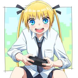  black_necktie black_ribbon black_skirt blonde_hair blue_eyes blush border collared_shirt controller female game_controller gamepad hair_ribbon highres holding holding_controller holding_game_controller kill_me_baby long_hair looking_at_viewer loose_necktie miniskirt necktie open_mouth outside_border pleated_skirt ribbon school_uniform shirt sitting skirt sleeves_rolled_up solo sonya_(kill_me_baby) sweatdrop teeth twintails untucked_shirt white_border white_shirt yachima_tana 