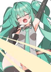  absurdres aqua_hair arm_up armpits ass_visible_through_thighs bare_shoulders black_thighhighs blush breasts closed_eyes commentary elbow_gloves female gloves hatsune_miku highres light_censor long_hair necktie open_mouth shirt sleeveless sleeveless_shirt small_breasts solo stretching thighhighs twintails uruti_2388 very_long_hair vocaloid white_background yawning 