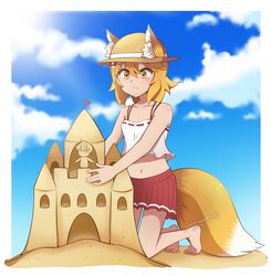  :3 animal_ears bangs bare_shoulders beach blue_sky blurry casual cloud cloudy_sky collarbone commentary depth_of_field english_commentary eyebrows_visible_through_hair female fox_ears fox_girl fox_tail hair_between_eyes hair_ornament hat highres kneeling looking_at_viewer navel orange_hair red_skirt sand_castle sand_sculpture senko_(sewayaki_kitsune_no_senko-san) sewayaki_kitsune_no_senko-san short_hair sidelocks skirt sky sleeveless solo sorreinhart spaghetti_strap stomach straw_hat tail teeth watermark yellow_eyes 