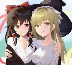  2girls arm_around_shoulder blonde_hair bow braid breasts brown_hair collarbone commentary danraz0r english_commentary hair_tubes hairbow hakurei_reimu hand_on_another&#039;s_arm hat highres juban kirisame_marisa long_hair looking_at_another looking_at_viewer medium_breasts multiple_girls parted_lips red_bow red_eyes shirt single_braid touhou upper_body v white_shirt witch_hat yellow_eyes 