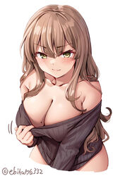  bare_shoulders breasts cleavage_reach collarbone commentary_request cropped_arms cropped_legs dress ebifurya female green_eyes highres large_breasts light_brown_hair looking_at_viewer mole mole_on_breast original pink_lips pulling_own_clothes simple_background smile smug solo sweater sweater_dress twitter_username wavy_hair white_background 