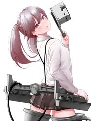  arched_back bad_id bad_twitter_id brown_eyes brown_hair cowboy_shot female hat head_tilt kantai_collection kirigakure_(kirigakure_tantei_jimusho) looking_at_viewer machinery ryuujou_(kancolle) shirt simple_background smile solo suspenders twintails unworn_hat unworn_headwear visor_cap white_background white_shirt 