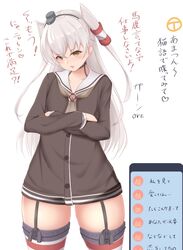  88942731ne amatsukaze_(kancolle) brown_dress brown_neckerchief cellphone commentary cowboy_shot crossed_arms dress female garter_straps grey_hair hair_tubes hat highres kantai_collection lifebuoy lifebuoy_ornament long_hair looking_at_viewer mini_hat neckerchief one-hour_drawing_challenge phone red_thighhighs sailor_collar sailor_dress short_dress smokestack_hair_ornament solo striped_clothes striped_thighhighs swim_ring thick_thighs thighhighs thighs translation_request two_side_up white_sailor_collar 