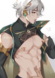  2boys abs alhaitham_(genshin_impact) archieloras bad_id bad_twitter_id bandaid bandaids_on_nipples genshin_impact green_eyes grey_hair hair_over_one_eye highres jewelry male_focus multiple_boys muscular muscular_male nipples pasties short_hair shoulder_cape 