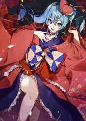  :d alternate_costume aqua_hair asa_no_ha_(pattern) bare_legs blue_choker blue_eyes blue_hair blue_kimono choker commentary cowboy_shot dutch_angle female floral_print hair_between_eyes hair_ornament hair_stick highres hololive hoshimachi_suisei idenshi_hina japanese_clothes kimono looking_at_viewer medium_hair open_mouth parody saga_jihen side_ponytail smile solo star_(symbol) star_choker star_in_eye symbol_in_eye thighs virtual_youtuber zombie_land_saga 