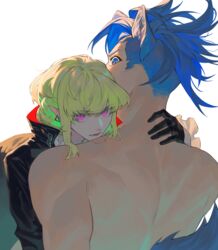  2boys animal_ears back bite_mark black_gloves black_jacket blue_eyes blue_hair chinese_commentary collared_jacket commentary_request covered_mouth earrings eyes_visible_through_hair fangs galo_thymos gloves green_hair hand_on_another&#039;s_neck high_collar highres jacket jewelry kemonomimi_mode lio_fotia looking_at_viewer looking_back male_focus multiple_boys nude open_mouth pink_eyes pointy_ears promare short_hair sidelocks simple_background slit_pupils spiked_hair tail toned toned_male undercut upper_body vampire vampire_bite white_background wolf_boy wolf_ears wolf_tail yaoi yuan_di_shaobing 