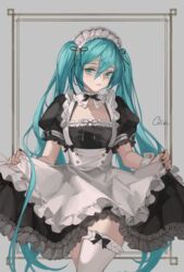  alternate_costume apron aqua_eyes aqua_hair chinese_commentary closed_mouth commentary cross cross_necklace curtsey enmaided female frills hatsune_miku highres jewelry long_hair maid maid_apron maid_headdress mole mole_under_eye necklace puffy_short_sleeves puffy_sleeves qie short_sleeves skirt skirt_hold solo thighhighs twintails vocaloid white_thighhighs wrist_cuffs zettai_ryouiki 