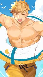  1boy abs arm_up bara bird_wings blonde_hair blue_sky blush closed_eyes cloud cloudy_sky cowboy_shot granblue_fantasy green_eyes higashigunkan large_pectorals light male_focus muscular muscular_male navel open_mouth pants partially_colored pectorals shirt short_hair simple_background sky smile solo summer swimsuit topless_male vane_(granblue_fantasy) white_background wings 