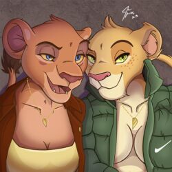  1:1 anthro clothing coat disney duo felid female female/female jace_apollo jacket jewelry lion mammal necklace pantherine the_lion_guard the_lion_king tiifu_(the_lion_guard) topwear zuri_(the_lion_guard) 