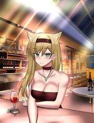  alternate_costume animal_ears aqua_eyes arknights bar_(place) bare_arms bare_shoulders black_choker black_hairband blonde_hair blush breasts chinese_commentary choker cleavage collarbone commentary_request cup drinking_glass female hairband highres horn_(arknights) indoors jewelry large_breasts long_hair looking_at_viewer night pendant skylight skylight_(architecture) solo strapless table tube_top upper_body window wine_glass wolf_ears zny1012 