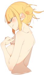  absurdres back blonde_hair blunt_bangs blush boku_no_hero_academia breasts closed_eyes closed_mouth completely_nude cropped_torso double_bun female from_side hair_bun hands_up highres medium_breasts messy_hair nude rasusurasu short_hair_with_long_locks shoulder_blush sidelocks sideways_mouth simple_background solo straight_hair toga_himiko upper_body white_background 