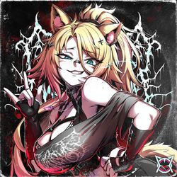  \m/ album_cover animal_ear_fluff animal_ears bandaid bandaid_on_face bandaid_on_nose bare_shoulders black_gloves blonde_hair blue_eyes breasts cat_ears cat_tail chest_harness cover crop_top ebiblue female fingerless_gloves freckles gloves hair_ornament hair_scrunchie hairpin hand_on_own_hip harness heavy_metal indie_virtual_youtuber jewelry large_breasts looking_at_viewer metal_band_text necklace obkatiekat obkatiekat_(2nd_costume) off-shoulder_shirt off_shoulder official_art ponytail scrunchie shirt smirk solo tail third-party_source upper_body virtual_youtuber 