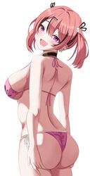  ass back bare_arms bare_shoulders bikini black_choker breasts choker ear_piercing female foguma goddess_of_victory:_nikke hair_ornament hairclip hand_on_own_ass highres large_breasts looking_at_viewer mast_(a_pirate&#039;s_heart)_(nikke) mast_(nikke) multicolored_hair open_mouth piercing pink_bikini pink_hair skull_hair_ornament smile solo streaked_hair swimsuit twintails 