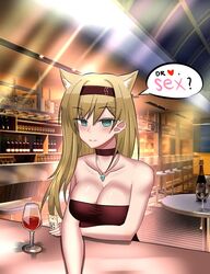  alternate_costume animal_ears aqua_eyes arknights bar_(place) bare_arms bare_shoulders black_choker black_hairband blonde_hair blush breasts chinese_commentary choker cleavage collarbone commentary_request cup drinking_glass female hairband heart highres horn_(arknights) indoors jewelry large_breasts long_hair looking_at_viewer night pendant skylight skylight_(architecture) solo speech_bubble spoken_heart strapless table tube_top upper_body window wine_glass wolf_ears zny1012 