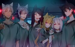  3boys 3girls :o absurdres animal_ears black_hair blood blood_on_clothes bow cat_ears claws crossed_bangs dark-skinned_male dark_skin ear_piercing earrings evil_smile fangs fuwa_minato glowing glowing_eyes green_eyes green_hair gundou_mirei hair_between_eyes hairbow highres ibrahim_(nijisanji) indoors jewelry long_hair looking_at_viewer mayuzumi_kai multicolored_hair multiple_boys multiple_girls nijisanji ninahachi open_mouth parted_lips piercing pink_hair purple_eyes purple_hair red_bow red_hair shiina_yuika short_hair slit_pupils smile streaked_hair swept_bangs takamiya_rion two-tone_hair very_long_hair virtual_youtuber white_hair 