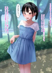  :d arms_behind_back black_hair blue_dress blue_eyes blunt_bangs blurry blurry_background blush breasts collarbone commentary cowboy_shot depth_of_field dress female fence foliage highres long_hair musical_note natsui_tuna open_mouth original outdoors paid_reward_available park ponytail rope see-through_silhouette shadow short_sleeves skirt_hold small_breasts smile solo speech_bubble standing translated tree two-tone_dress white_dress 