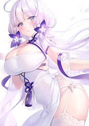  azur_lane blue_eyes blush breasts china_dress chinese_clothes cleavage cleavage_cutout clothing_cutout cowboy_shot dress female flower garter_straps hair_flower hair_ornament hand_up highres illustrious_(azur_lane) illustrious_(maiden_lily&#039;s_radiance)_(azur_lane) large_breasts long_hair looking_at_viewer official_alternate_costume pelvic_curtain simple_background solo thighhighs twintails white_background white_dress white_hair white_thighhighs ygcn 