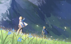  1boy alzi_xiaomi arm_at_side bandaged_arm bandages black_pants blonde_hair blue_cape blue_flower bob_cut boots cape commentary_request day facing_away female flower grass hand_up highres hood hood_down hooded_cape link long_sleeves looking_up matching_outfit meadow motion_blur mountain nature outdoors pants petals princess_zelda profile short_hair short_sleeves standing the_legend_of_zelda the_legend_of_zelda:_breath_of_the_wild wind 