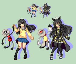  2girls agnes_tachyon_(umamusume) agnes_tachyon_(umamusume)_(cosplay) animal_ears black_coat black_hair black_pantyhose black_socks blue_skirt coat cosplay earrings gold_trim horse_ears horse_girl horse_tail jewelry keykey117117 kneehighs manhattan_cafe_(umamusume) mieruko-chan miniskirt multiple_girls pantyhose pigeon-toed pixel_art pleated_skirt single_earring skirt socks standing sweater tail trait_connection umamusume white_hair yellow_eyes yellow_sweater yotsuya_miko 