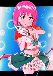  beauty_(bobobo-bo_bo-bobo) belt blue_eyes blush bobobo-bo_bo-bobo crop_top earrings female gloves hakyarameru highres jewelry looking_at_viewer microphone midriff navel pink_hair protected_link short_hair short_sleeves skirt solo standing thighhighs 