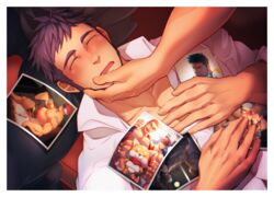  2boys bara blush closed_eyes commentary_request crow_(siranui) eddie_(gyee) facial_hair goatee gyee hand_on_another&#039;s_face highres lap_pillow large_pectorals long_sideburns male_focus master_(gyee) mature_male miles_(gyee) multiple_boys muscular muscular_male musso_(gyee) open_clothes open_mouth partially_unbuttoned pectoral_cleavage pectorals photo_(object) priapu priapus priapus_a._tarou purple_hair rand_(gyee) shirt sideburns sleeping stubble su_(gyee) upper_body white_shirt yan_(gyee) yaoi 