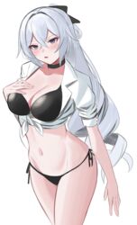  absurdres aircell alternate_costume bikini black_bikini black_choker blue_eyes bow breasts bronya_zaychik bronya_zaychik_(silverwing:_n-ex) choker cleavage collared_shirt commentary cowboy_shot crop_top female front-tie_top hairbow hand_on_own_chest hand_up highres honkai_(series) honkai_impact_3rd large_breasts long_hair looking_at_viewer navel open_mouth shirt short_sleeves side-tie_bikini_bottom solo standing stomach string_bikini swimsuit thighs very_long_hair wet white_hair white_shirt 