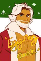  1boy bara beard blue_eyes character_name chest_hair coat cookie_run eggnog_cookie facial_hair green_background highres humanization korean_commentary looking_at_viewer male_focus moustache muscular muscular_male pectoral_cleavage pectorals pijattingdong santa_costume short_hair sideways_glance smile smirk solo thick_eyebrows topless_male two-tone_background upper_body white_background white_hair 