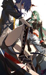  2girls alternate_costume arknights bad_id bad_pixiv_id bare_shoulders black_footwear black_shirt black_shorts blue_hair blue_pants boots brown_horns ch&#039;en_(arknights) closed_mouth cross-laced_footwear dragon_horns dragon_tail fingerless_gloves gloves green_eyes green_hair hair_between_eyes high_heel_boots high_heels highres horns hoshiguma_(arknights) hoshiguma_(ronin_huntress)_(arknights) jewelry lace-up_boots legs long_hair looking_at_viewer looking_to_the_side low_ponytail magatama magatama_necklace midriff multiple_girls navel necklace necktie official_alternate_costume orange_necktie pants red_eyes satsuya shirt short_shorts shorts sidelocks simple_background single_horn sitting skin-covered_horns sword tail thighs turtleneck weapon white_background white_pants yellow_necktie 