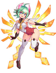  ahoge azure_striker_gunvolt black_footwear black_gloves blue_eyes breasts commentary cougar_(cougar1404) elbow_gloves energy_wings female gloves green_hair gunvolt_chronicles_luminous_avenger_ix headgear leg_up leotard looking_at_viewer medium_breasts open_mouth pink_headwear red_leotard roro_(gunvolt) shoes short_hair sleeveless smile solo standing standing_on_one_leg thighhighs white_thighhighs 