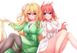  2girls :d absurdres ahoge amairo_islenauts animal_ears bikini black_pantyhose blonde_hair blue_eyes blush braid breasts collarbone commentary curvy dress eyelashes eyes_visible_through_hair feet_out_of_frame green_dress hair_between_eyes hair_ribbon hands_up happy highres holding_hands interlocked_fingers knees_together_feet_apart knees_up koyo_aki_(vtvd5277) large_breasts legs_together long_hair long_sleeves looking_at_viewer masaki_gaillard medium_hair multiple_girls naked_shirt oerba_yun_fang one_side_up open_mouth pantyhose playing_with_own_hair red_hair red_tail ribbon shiny_skin shirley_warwick shirt short_dress side-tie_bikini_bottom simple_background single_braid sitting smile swimsuit tail thighband_pantyhose thighs very_long_hair white_background white_ribbon wolf_ears wolf_girl wolf_tail 