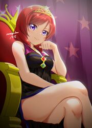  amamiya_(re-amamiya) bare_arms bare_shoulders black_dress breasts brooch closed_mouth crossed_legs curtains dress elbow_rest female from_below gem glint gold highres jewelry legs looking_at_viewer love_live! love_live!_school_idol_project medium_hair nishikino_maki official_alternate_costume purple_eyes red_hair side_slit signature sitting sleeveless sleeveless_dress smile soldier_game solo star_(symbol) star_print thighs throne tiara 