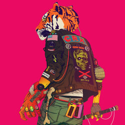  1:1 2016 album_cover ambiguous_gender american_flag anthro baseball_bat bat_(object) belt black_body black_fur blood bodily_fluids bone boneface bottomwear clothing cover crx cybernetics cyborg english_text felid fur gem gloves green_eyes handwear jacket looking_away machine magenta_background male mammal music orange_body orange_fur pantherine pants robot shirt skull solo spray_can stripes tally_marks text text_on_clothing text_on_jacket text_on_topwear tiger topwear united_states_of_america western_tally_marks white_body white_clothing white_fur white_shirt white_topwear 