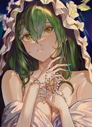  antlers bare_shoulders beads braid braided_bangs branch breasts ceres_fauna cleavage collarbone cross cross_necklace dress female flower green_hair green_nails hair_between_eyes hair_over_shoulder highres holding holding_jewelry holding_necklace hololive hololive_english hood horns jewelry large_breasts long_hair looking_up mole mole_under_eye multicolored_hair necklace open_mouth prayer_beads rosary santafe99 solo teeth upper_body veil virtual_youtuber white_dress white_flower yellow_eyes 