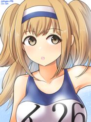  absurdres bad_id bad_pixiv_id blue_background breasts brown_eyes collarbone dangan_kurabu dated female gradient_background hair_between_eyes hairband highres i-26_(kancolle) kantai_collection large_breasts light_brown_hair long_hair name_tag new_school_swimsuit one-piece_swimsuit open_mouth school_swimsuit solo swimsuit twitter_username two-tone_hairband two_side_up upper_body white_background 