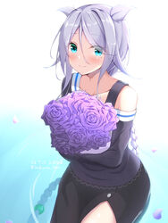  absurdres black_skirt blue_eyes blue_neckerchief bouquet braid collarbone dress female flower grey_hair hair_flaps hair_tie highres holding holding_bouquet kantai_collection long_hair long_skirt long_sleeves mole mole_under_eye neckerchief purple_dress ripples saburou_hiji single_braid sitting sitting_on_water skirt solo umikaze_(kancolle) umikaze_kai_ni_(kancolle) very_long_hair water white_hair 